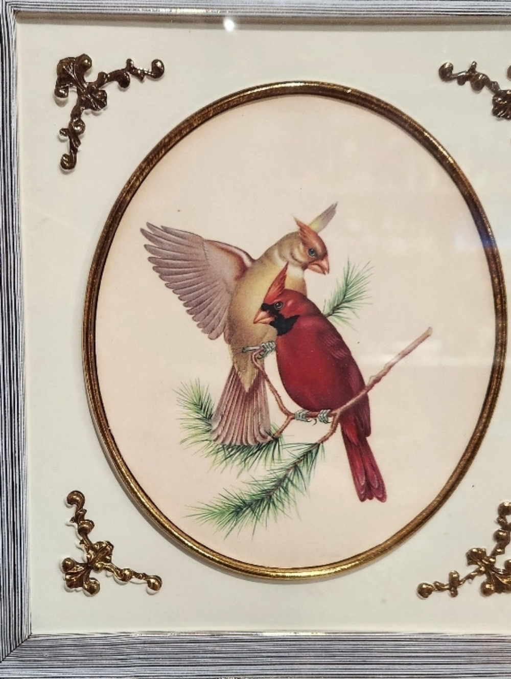 Vintage Wood Framed cardinal pair lithograph mid-century modern 1958